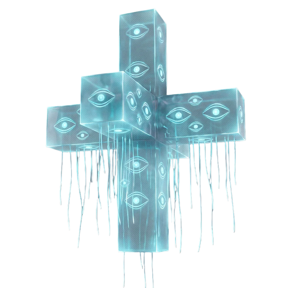La vraie forme du Hat’i : une croix colossale de cubes de verre cyan couverts d’yeux, d’où pendent des filaments de lumière.